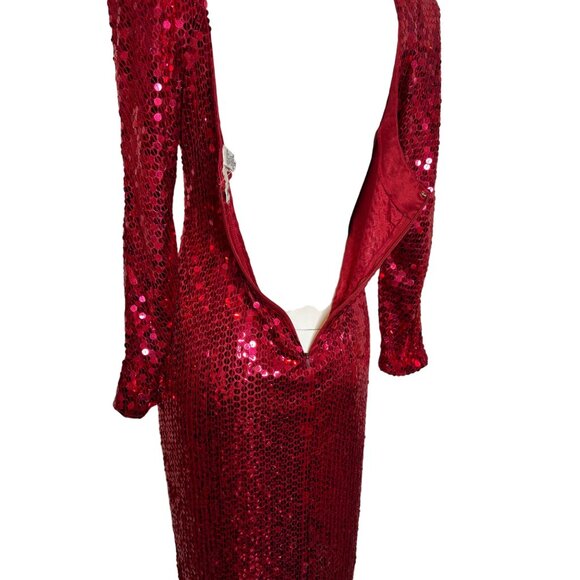 Vintage OLEG CASSINI 12 Open Back True Red Sequin Dress 80s 90s Mob Wife Large - Picture 7 of 11